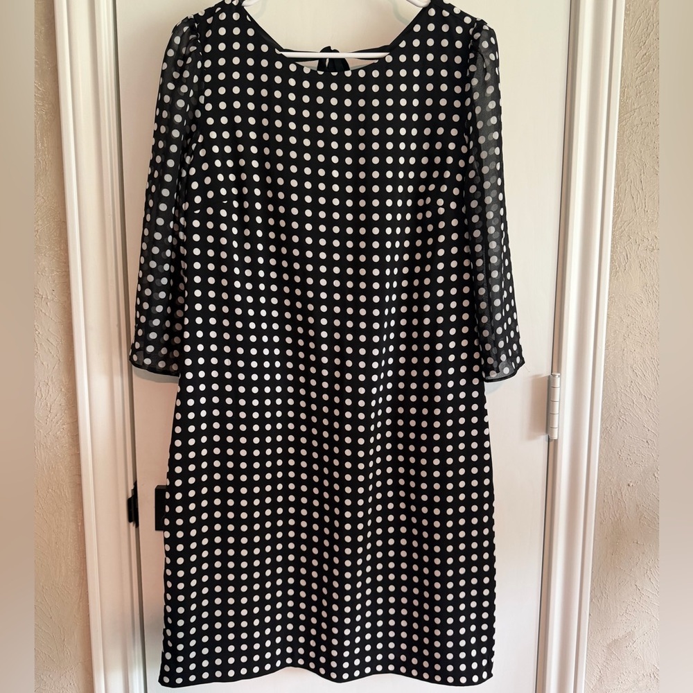 Karl Lagerfeld Black & White Polka Dot Dress with Sheer Sleeves & Tie Back sz14